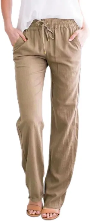2024 Linen Pants Women Straight Leg Pants Summer Casual Drawstring High Waisted Cotton Loose Trousers with Pockets