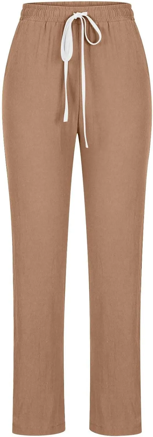 2024 Linen Pants Women Straight Leg Pants Summer Casual Drawstring High Waisted Cotton Loose Trousers with Pockets