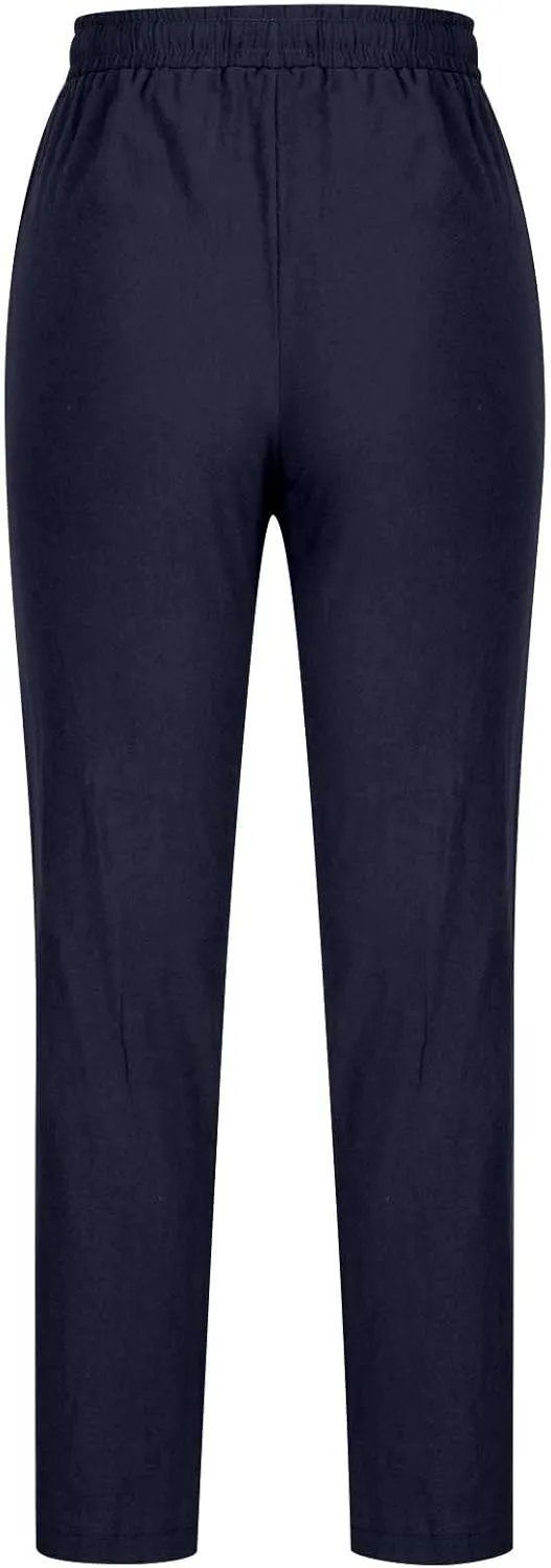 2024 Linen Pants Women Straight Leg Pants Summer Casual Drawstring High Waisted Cotton Loose Trousers with Pockets