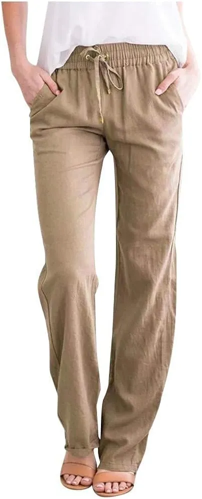 2024 Linen Pants Women Straight Leg Pants Summer Casual Drawstring High Waisted Cotton Loose Trousers with Pockets