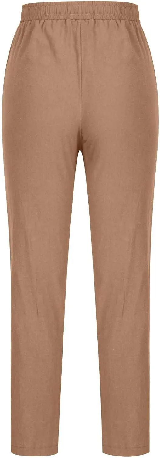 2024 Linen Pants Women Straight Leg Pants Summer Casual Drawstring High Waisted Cotton Loose Trousers with Pockets