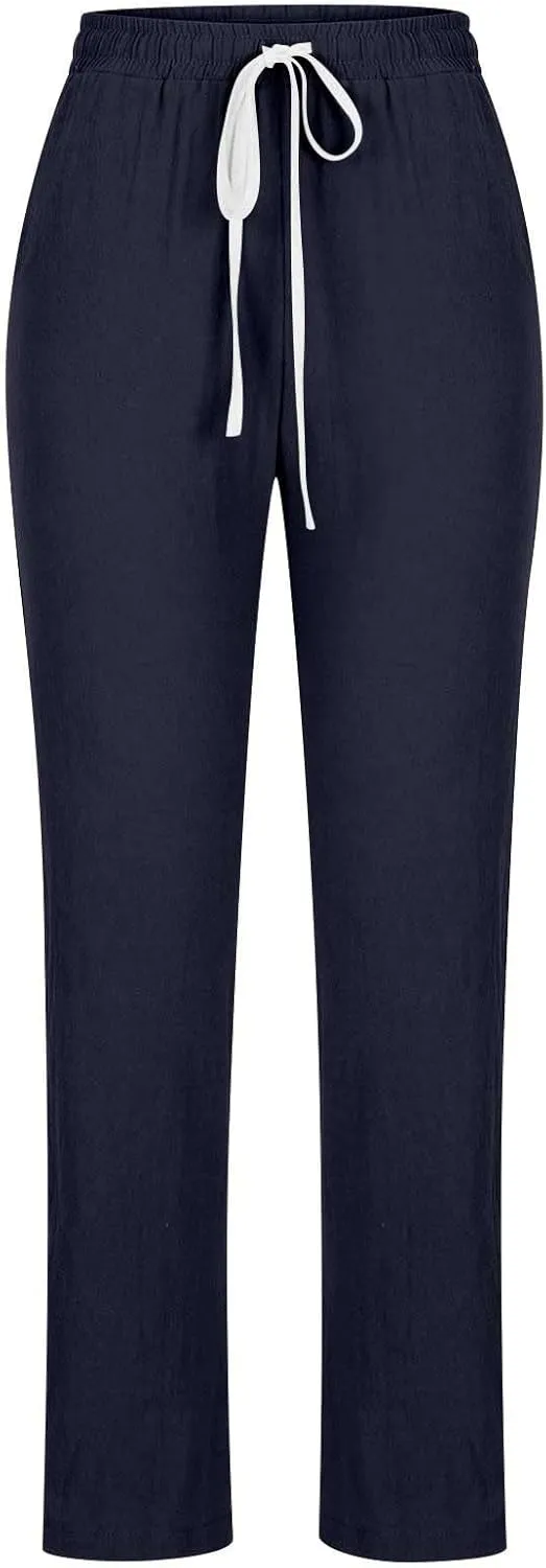 2024 Linen Pants Women Straight Leg Pants Summer Casual Drawstring High Waisted Cotton Loose Trousers with Pockets