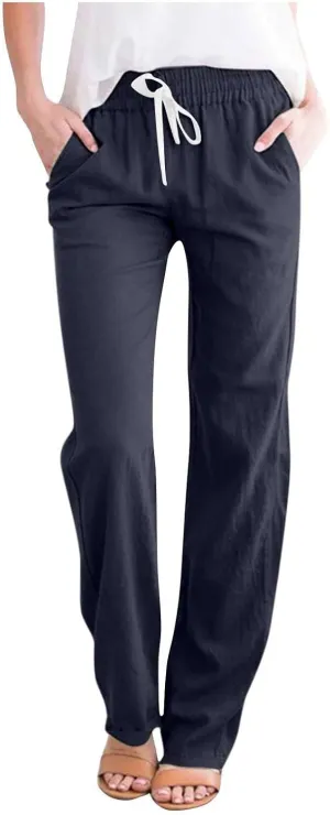 2024 Linen Pants Women Straight Leg Pants Summer Casual Drawstring High Waisted Cotton Loose Trousers with Pockets