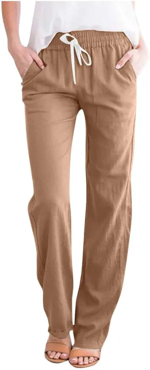 2024 Linen Pants Women Straight Leg Pants Summer Casual Drawstring High Waisted Cotton Loose Trousers with Pockets