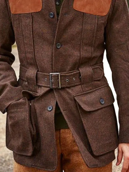 【24-hour shipping】Suede Wool Patchwork Double Pocket Lace-Up Casual Jacket