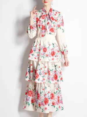 2PS White Rose Print Shirt With Bowknot Long Sleeve And Tiered Skirt Suit
