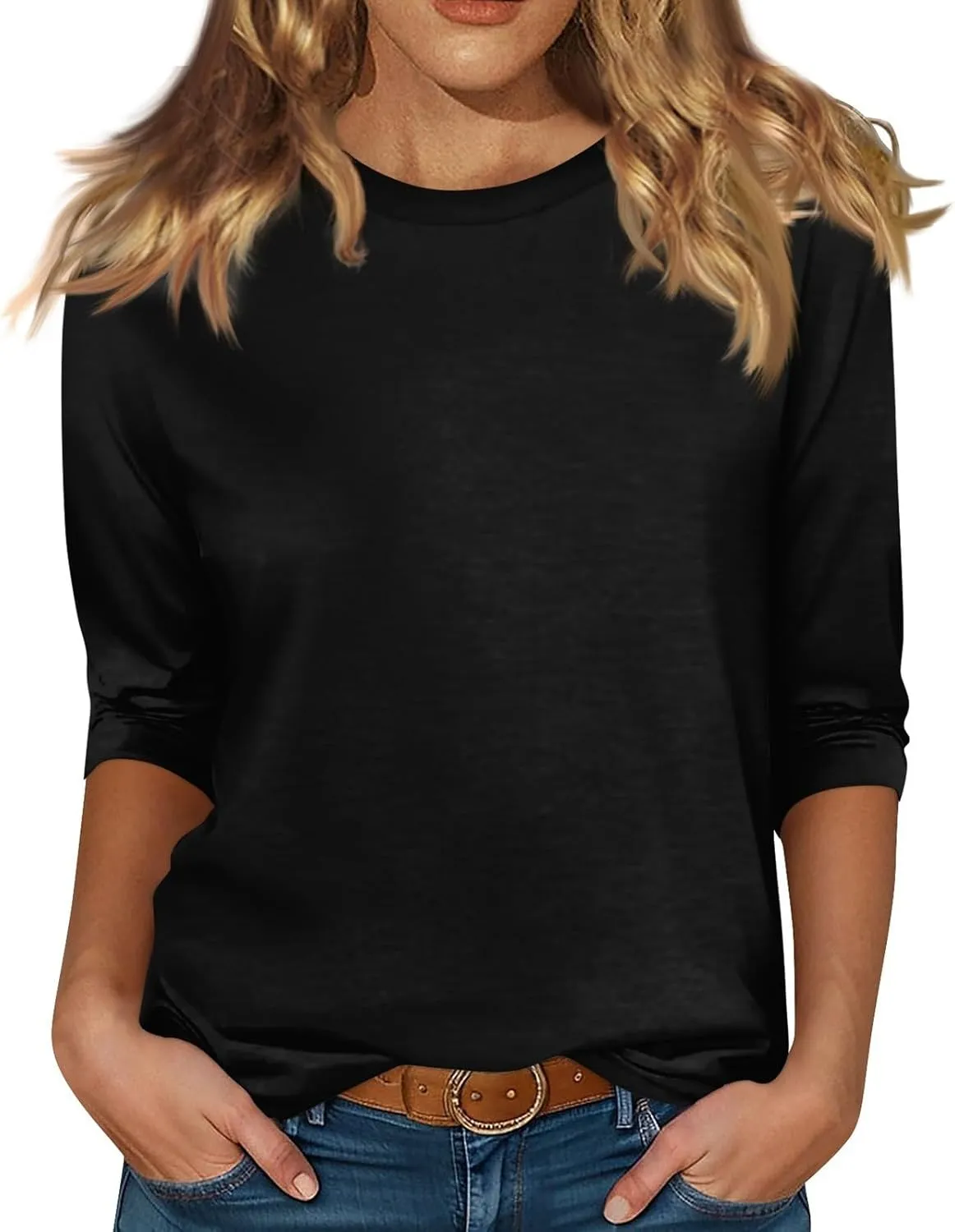 3/4 Length Sleeve Womens Tops Thermal Funny Shirts Dressy Fleece Three Quarter Length Blouses Crewneck Sweatshirt