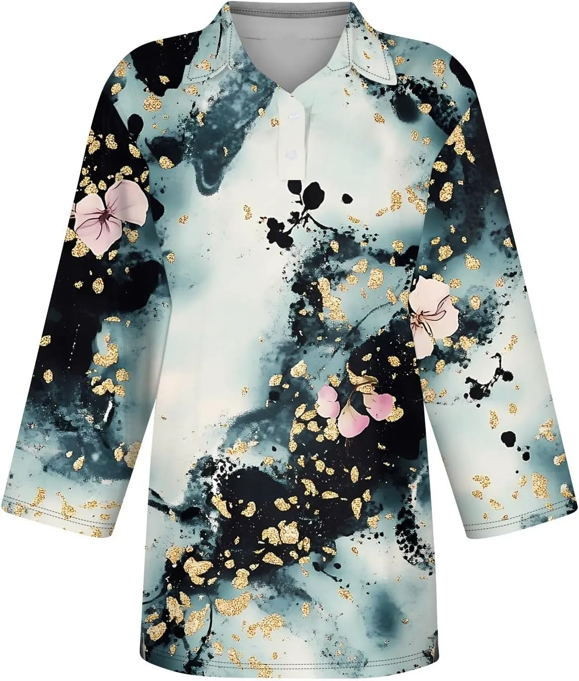 3/4 Sleeve Tops Polo Shirts for Women,Vintage Printed V Neck T Shirt Casual Blouses Button Down Pullover S-3Xl