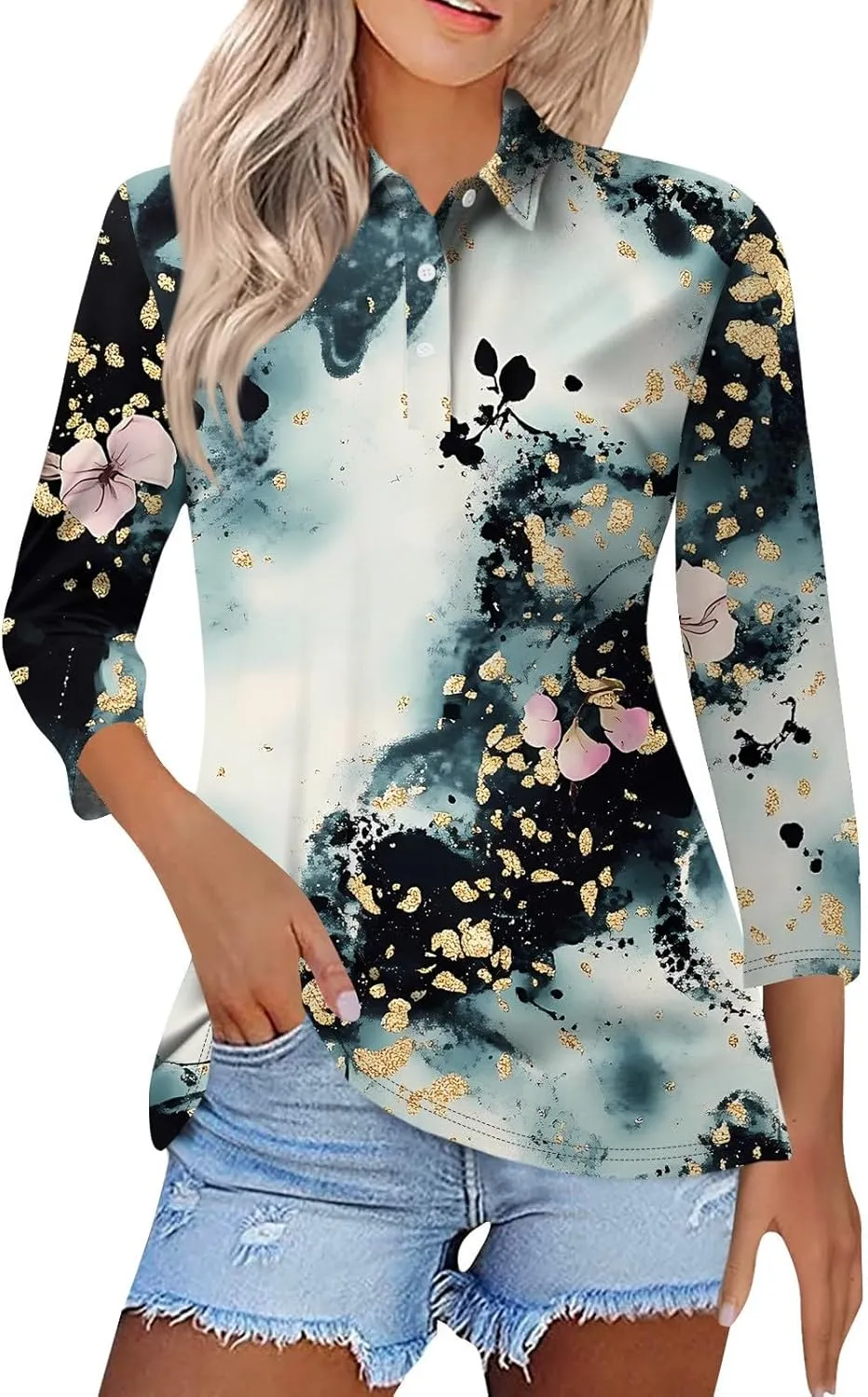 3/4 Sleeve Tops Polo Shirts for Women,Vintage Printed V Neck T Shirt Casual Blouses Button Down Pullover S-3Xl