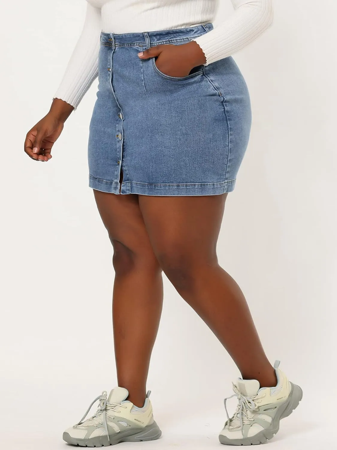 Agnes Orinda Women's Plus Size Denim Skirts Mini Button Side Pocket A Line Casual Summer Jean Skirts