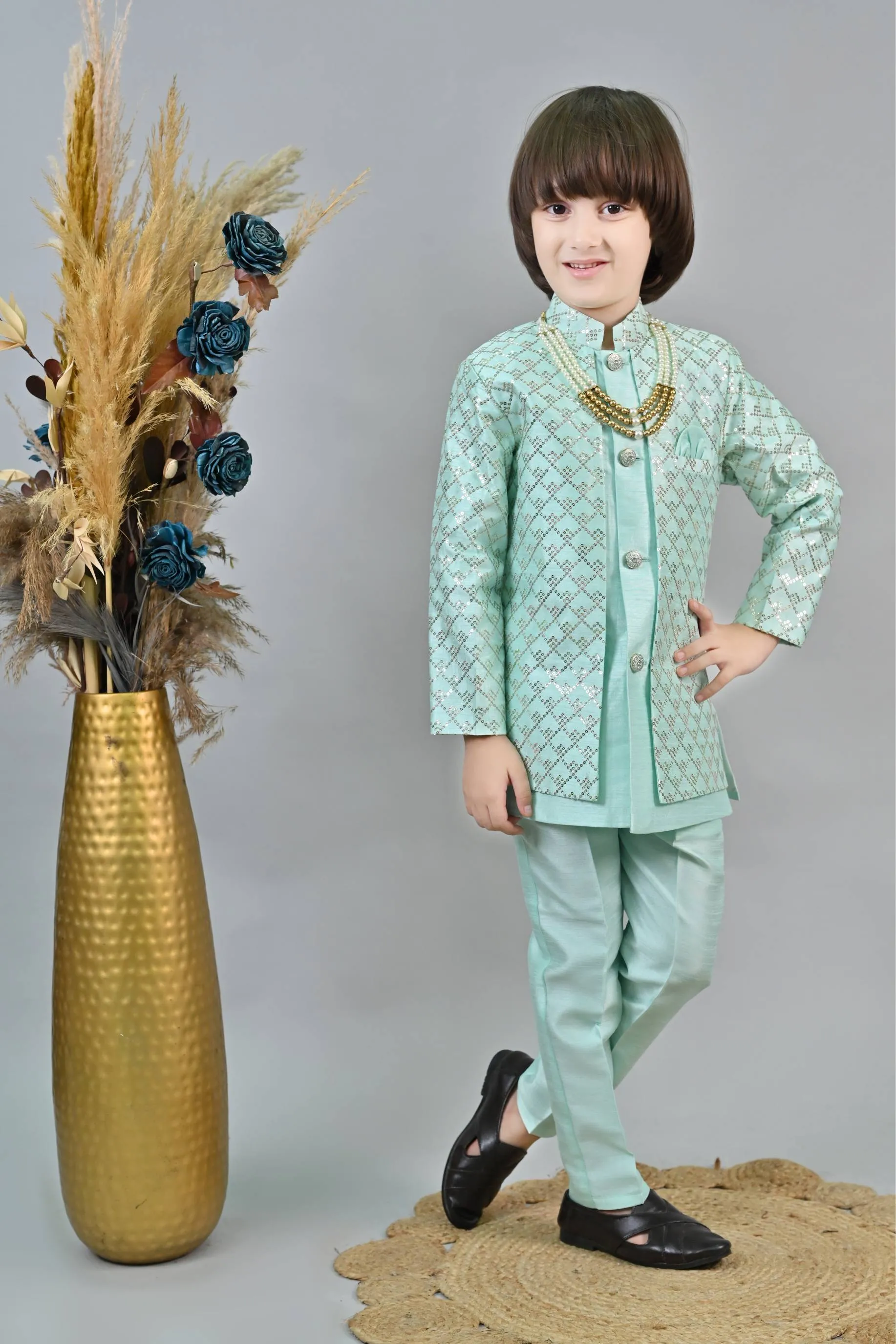 Ahhaaaa Kids Ethnic Jacquard Silk Sequin Printed Indo-Western Sherwani Set with Maala for Boys