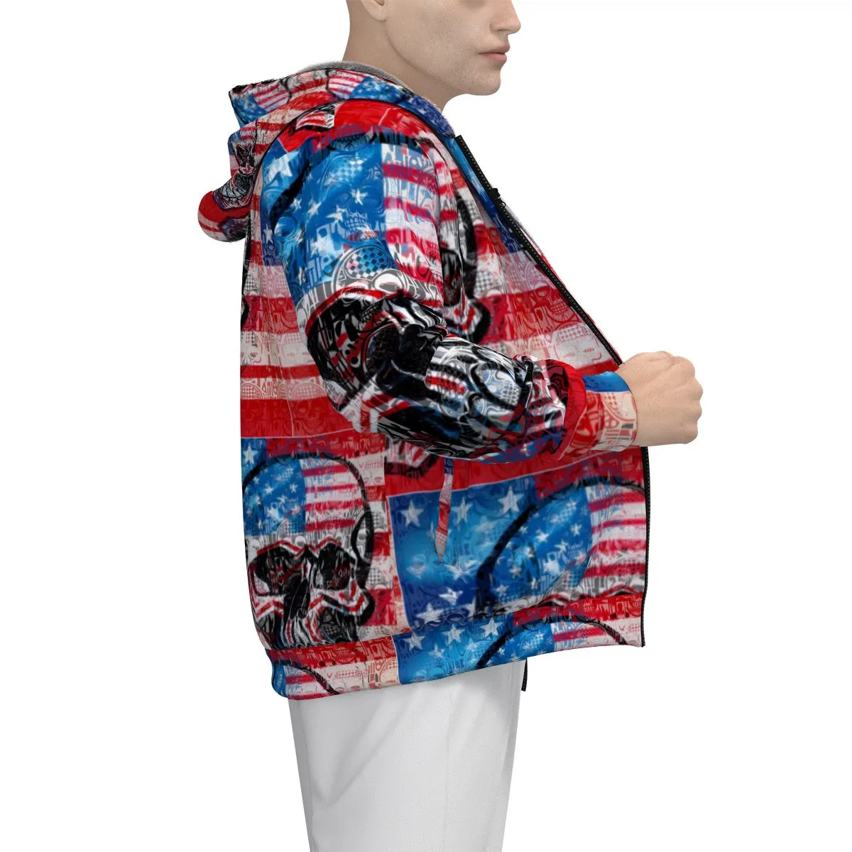 All-Over Print Men's Sherpa Fleece Zip Up Hoodie JAXS2 American skull, print