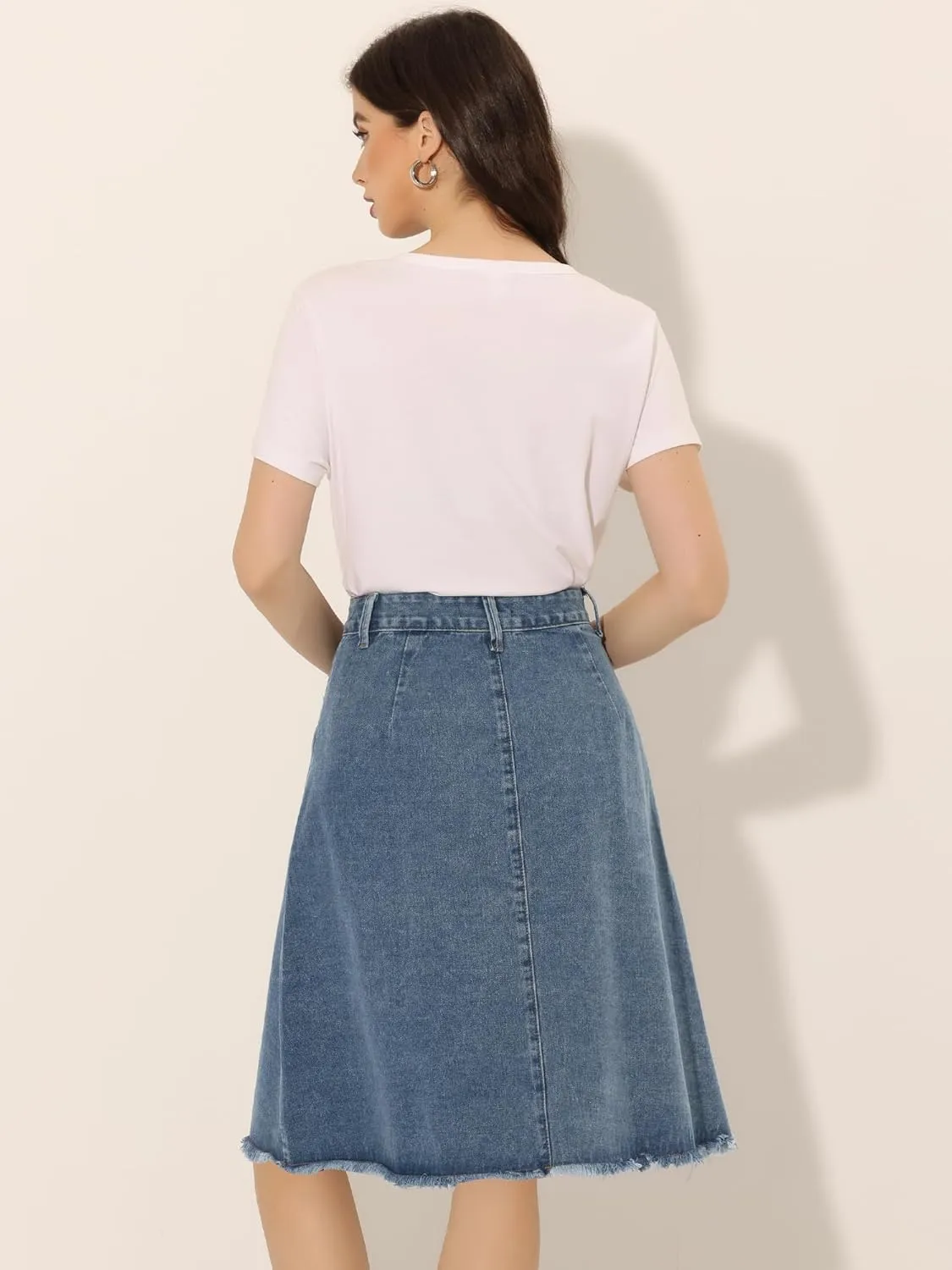 Allegra K Women's Denim Skirts Raw Hem Button Down Midi Jeans Skirt