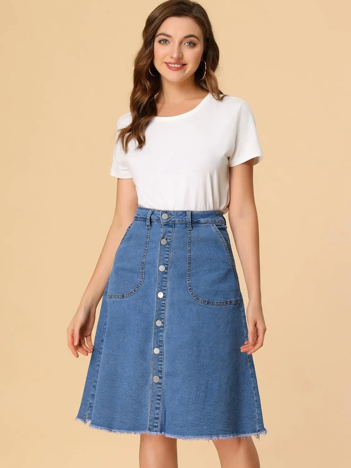 Allegra K Women's Denim Skirts Raw Hem Button Down Midi Jeans Skirt