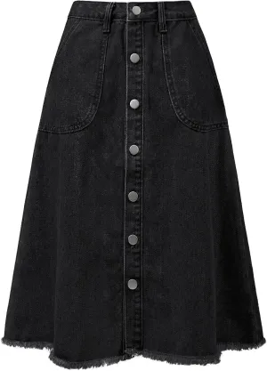 Allegra K Women's Denim Skirts Raw Hem Button Down Midi Jeans Skirt