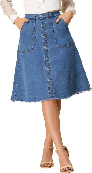 Allegra K Women's Denim Skirts Raw Hem Button Down Midi Jeans Skirt