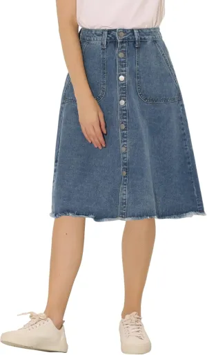 Allegra K Women's Denim Skirts Raw Hem Button Down Midi Jeans Skirt