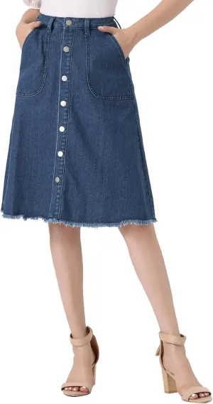Allegra K Women's Denim Skirts Raw Hem Button Down Midi Jeans Skirt