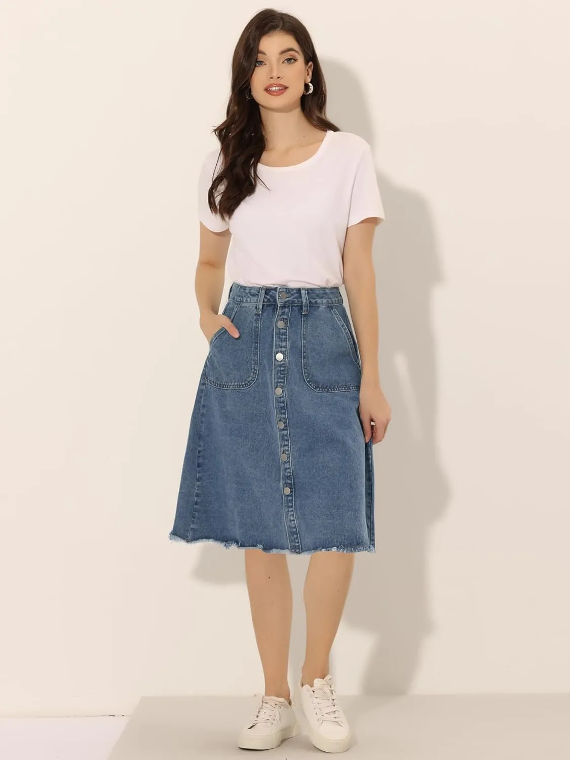 Allegra K Women's Denim Skirts Raw Hem Button Down Midi Jeans Skirt