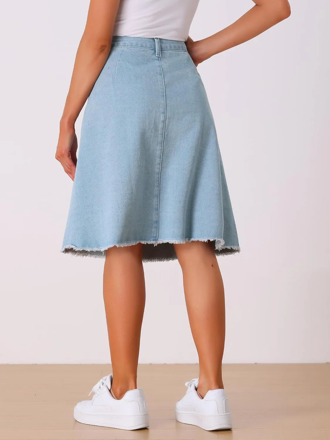Allegra K Women's Denim Skirts Raw Hem Button Down Midi Jeans Skirt
