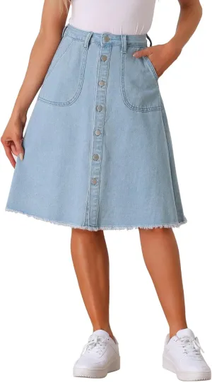 Allegra K Women's Denim Skirts Raw Hem Button Down Midi Jeans Skirt