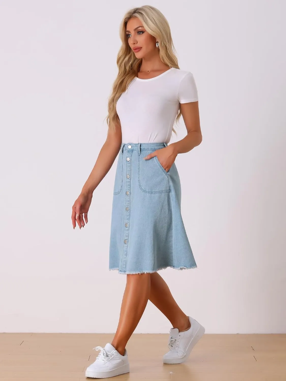Allegra K Women's Denim Skirts Raw Hem Button Down Midi Jeans Skirt
