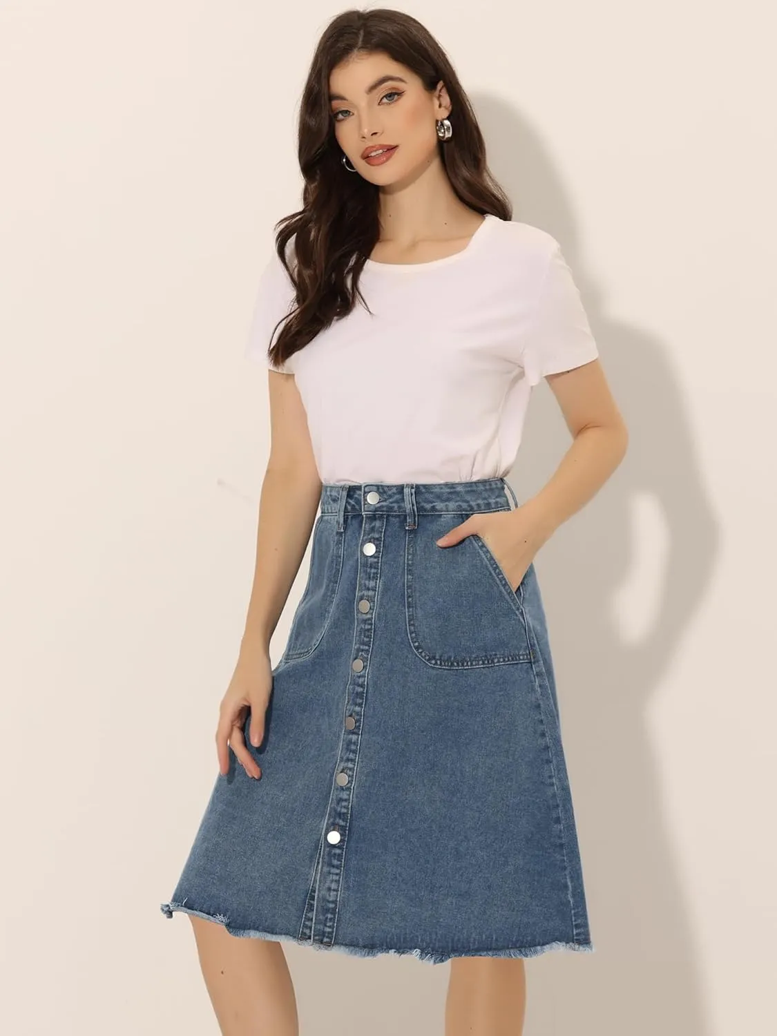 Allegra K Women's Denim Skirts Raw Hem Button Down Midi Jeans Skirt