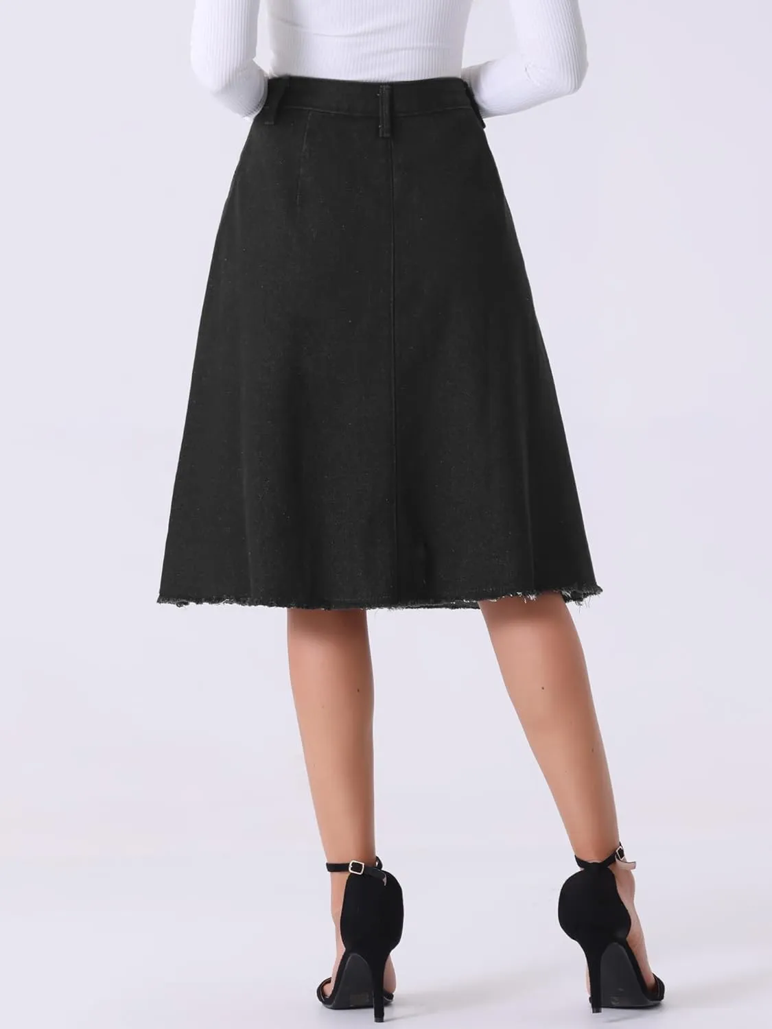 Allegra K Women's Denim Skirts Raw Hem Button Down Midi Jeans Skirt