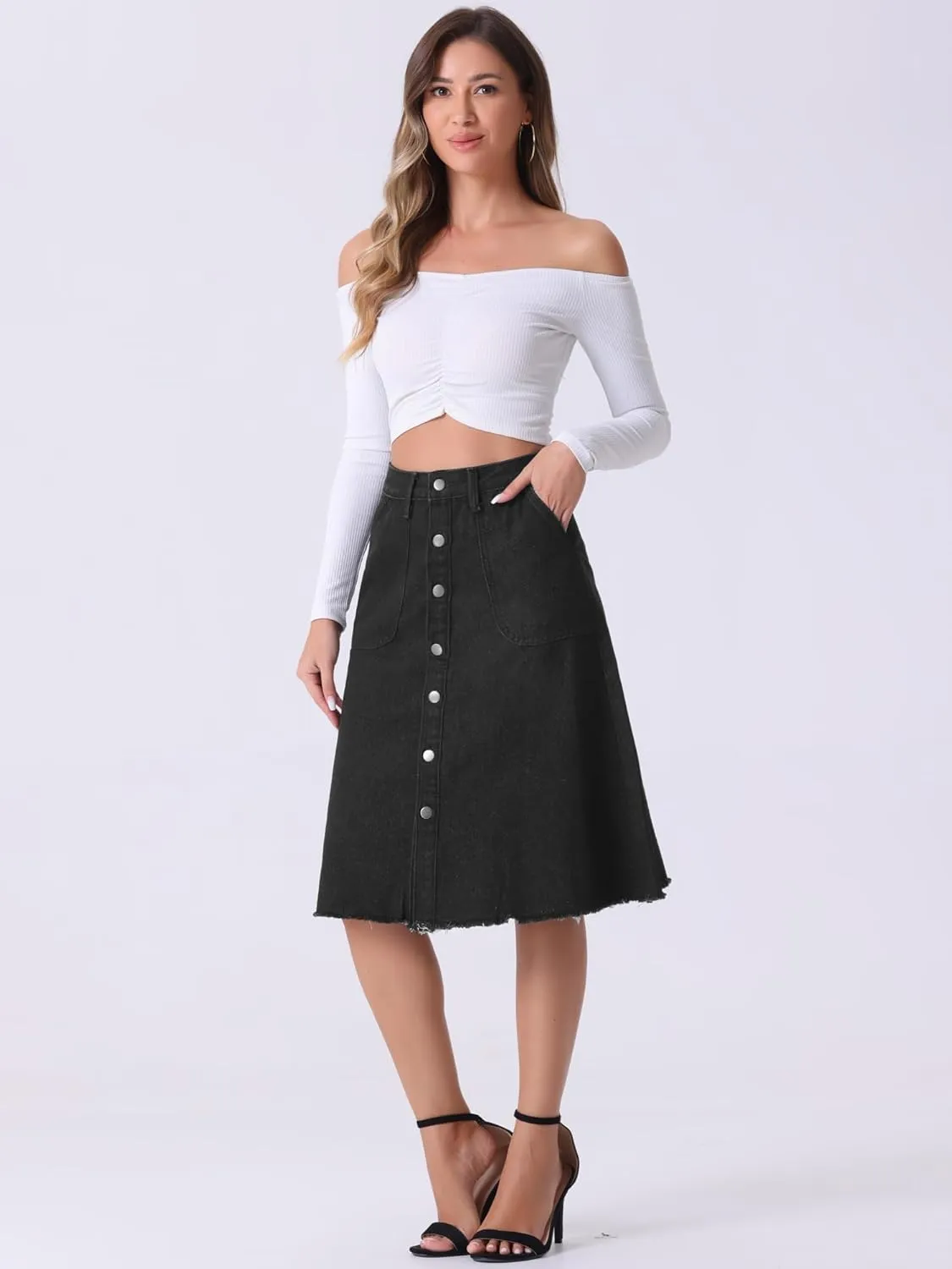 Allegra K Women's Denim Skirts Raw Hem Button Down Midi Jeans Skirt