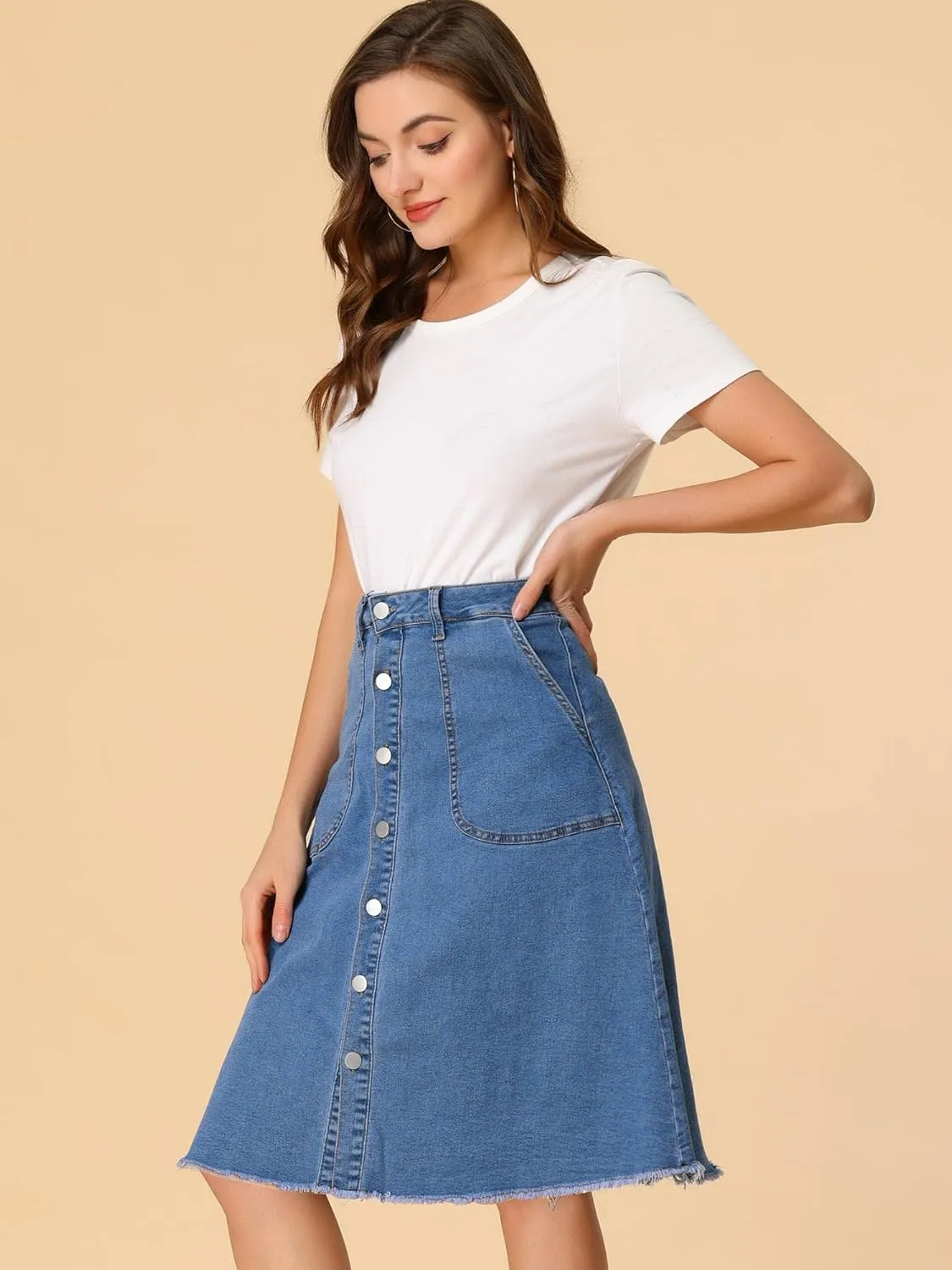 Allegra K Women's Denim Skirts Raw Hem Button Down Midi Jeans Skirt