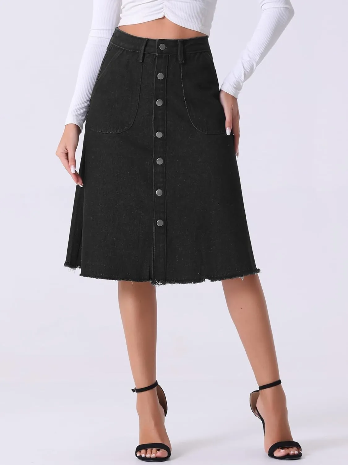 Allegra K Women's Denim Skirts Raw Hem Button Down Midi Jeans Skirt