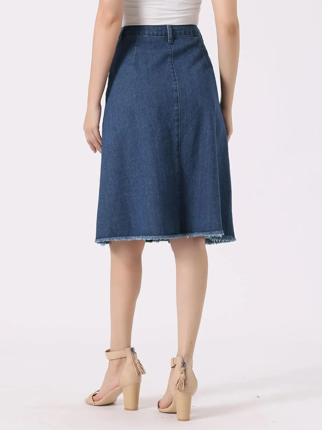 Allegra K Women's Denim Skirts Raw Hem Button Down Midi Jeans Skirt