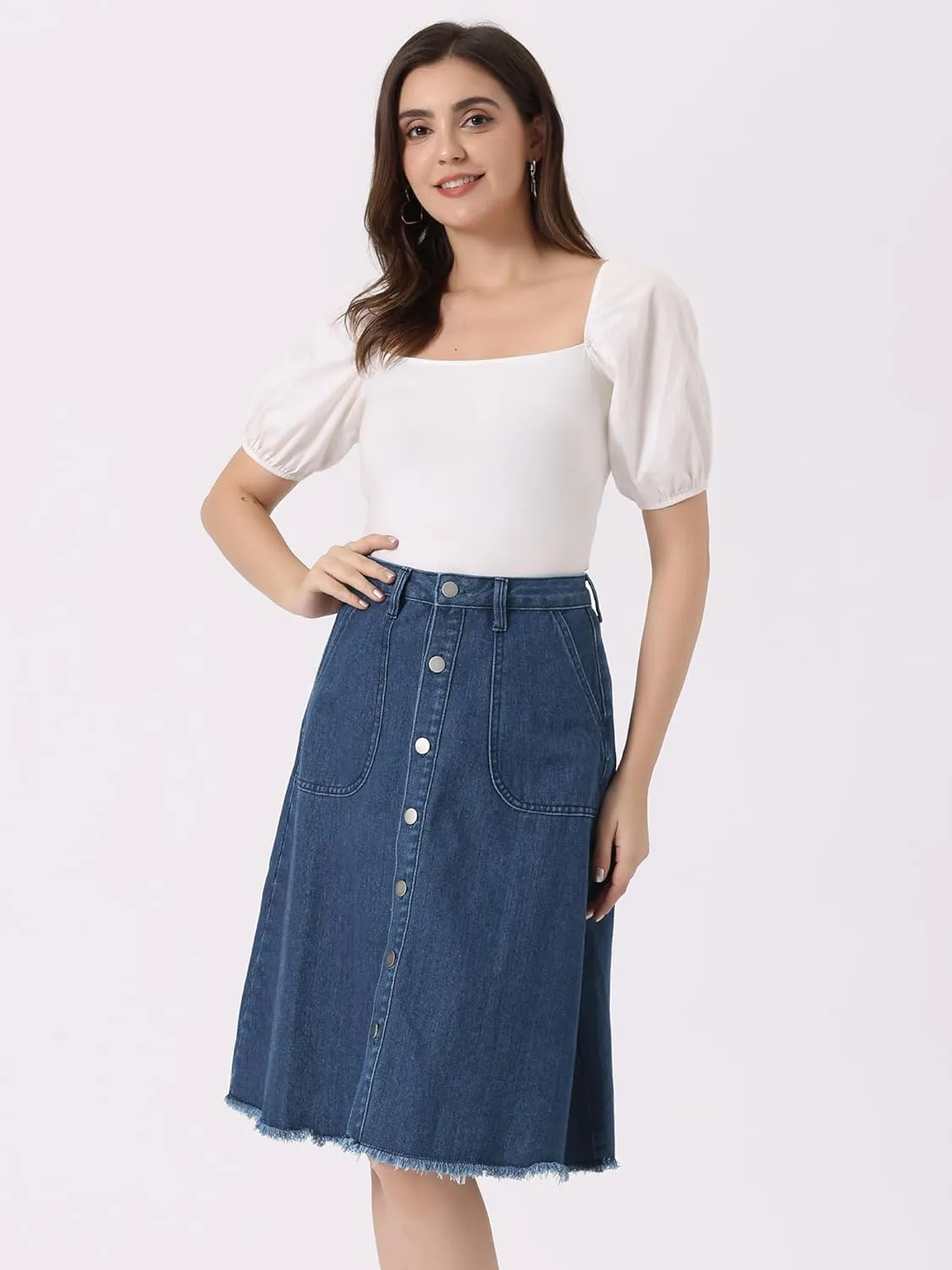 Allegra K Women's Denim Skirts Raw Hem Button Down Midi Jeans Skirt
