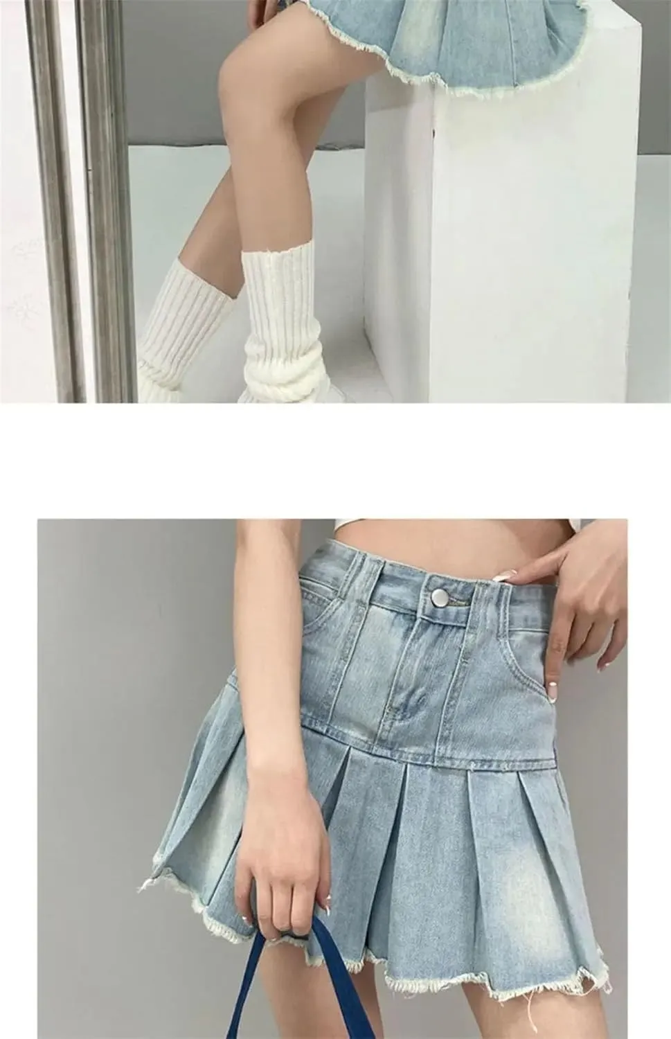 Alloaone Women Summer Denim High Waist Mini Solid Pleated Skirts