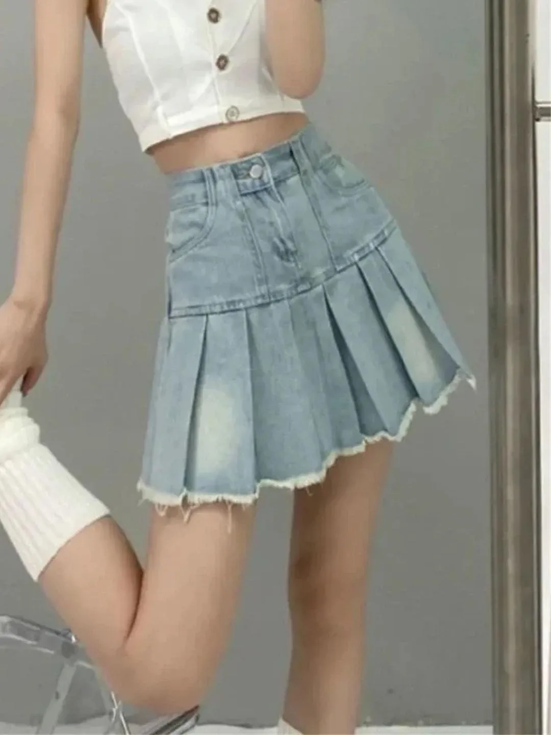 Alloaone Women Summer Denim High Waist Mini Solid Pleated Skirts