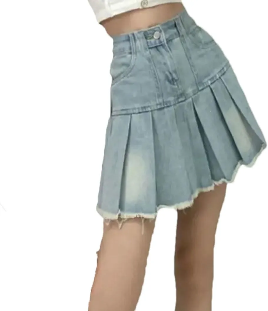 Alloaone Women Summer Denim High Waist Mini Solid Pleated Skirts