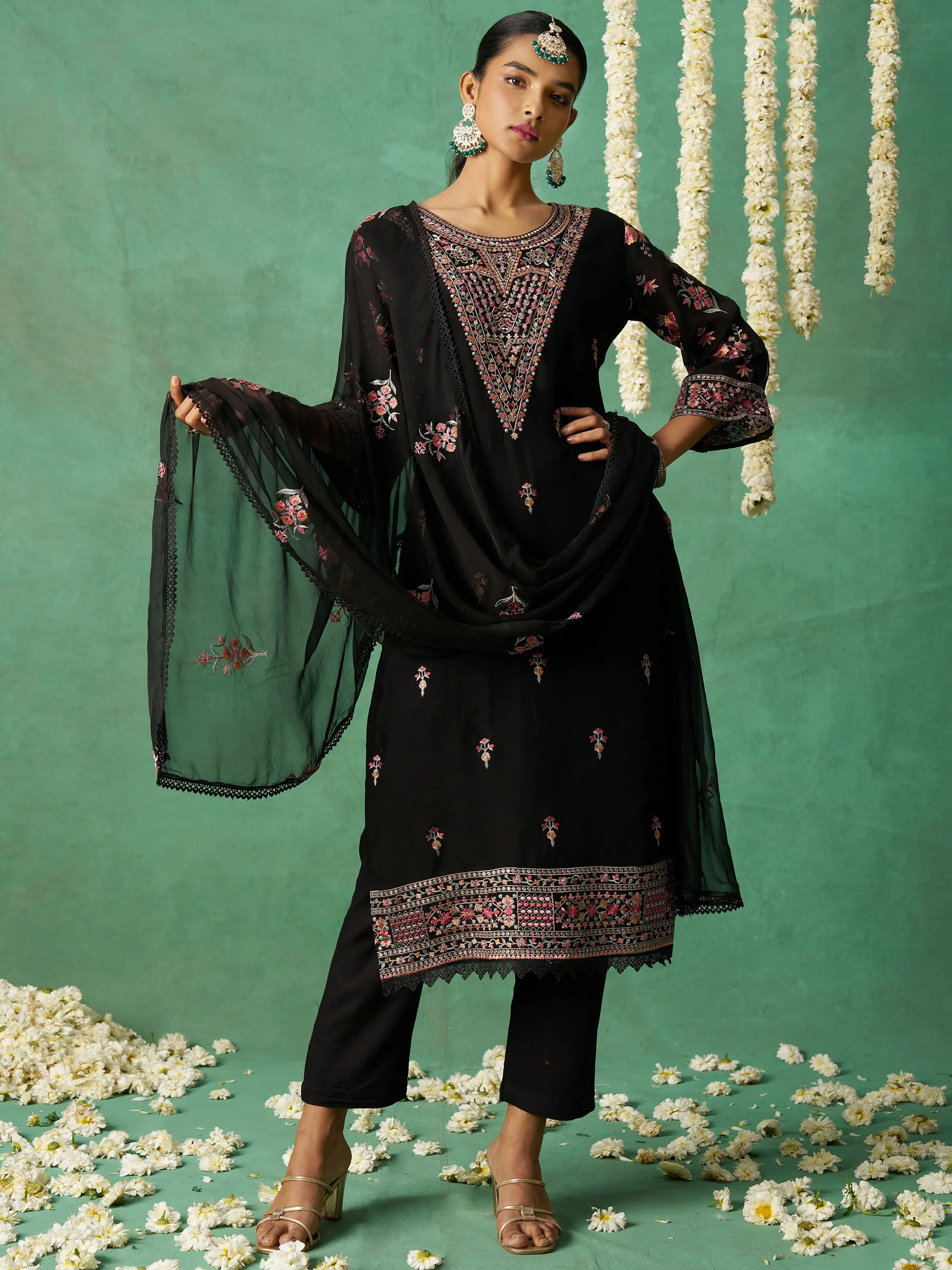 Alluring Black Embroidered Organza Festive Wear Pant Suit with Dupatta