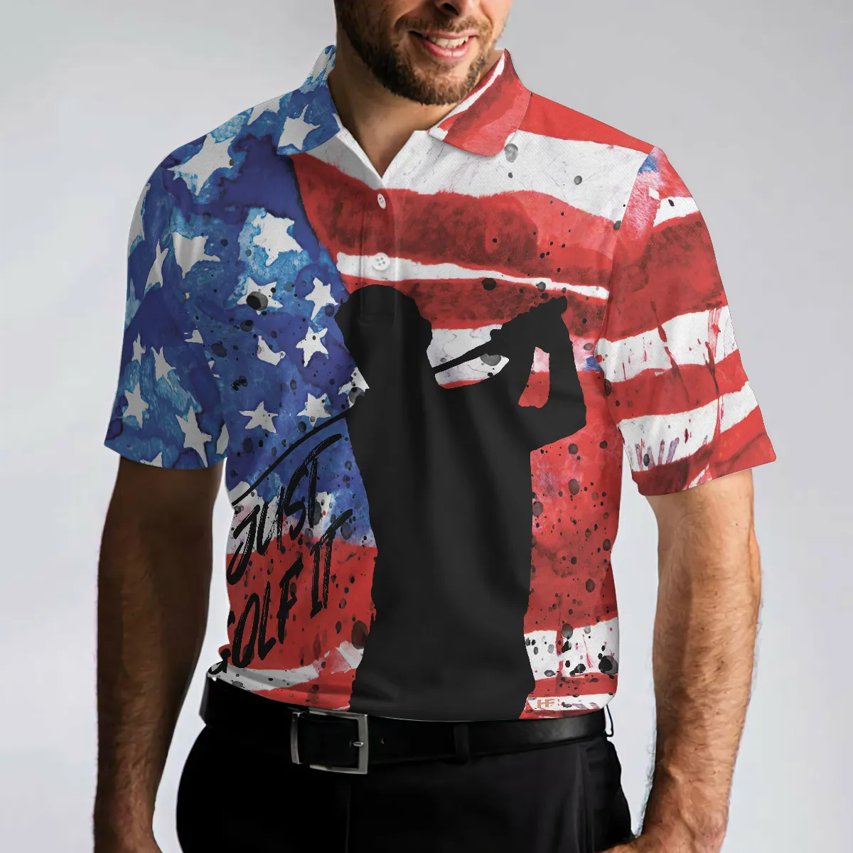 American Golfer Just Golf It Short Sleeve Golf Polo Shirt, Wet Paint American Flag Polo Shirt, Patriotic Golf Shirt For Men