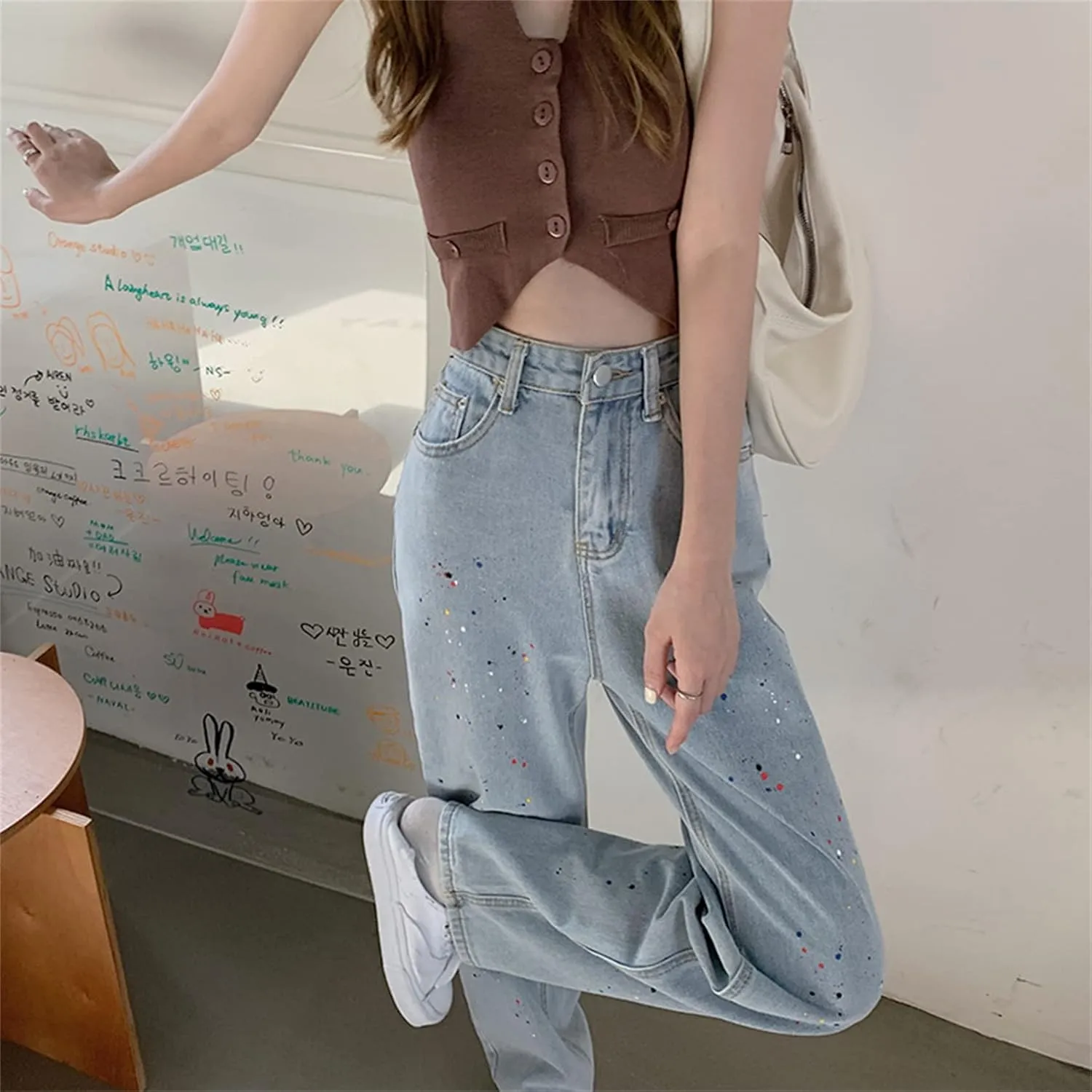 Andongnywell Women High Waisted Wide Straight Leg Baggy Streetwear Boyfriend Jeans for Ladies Trousers