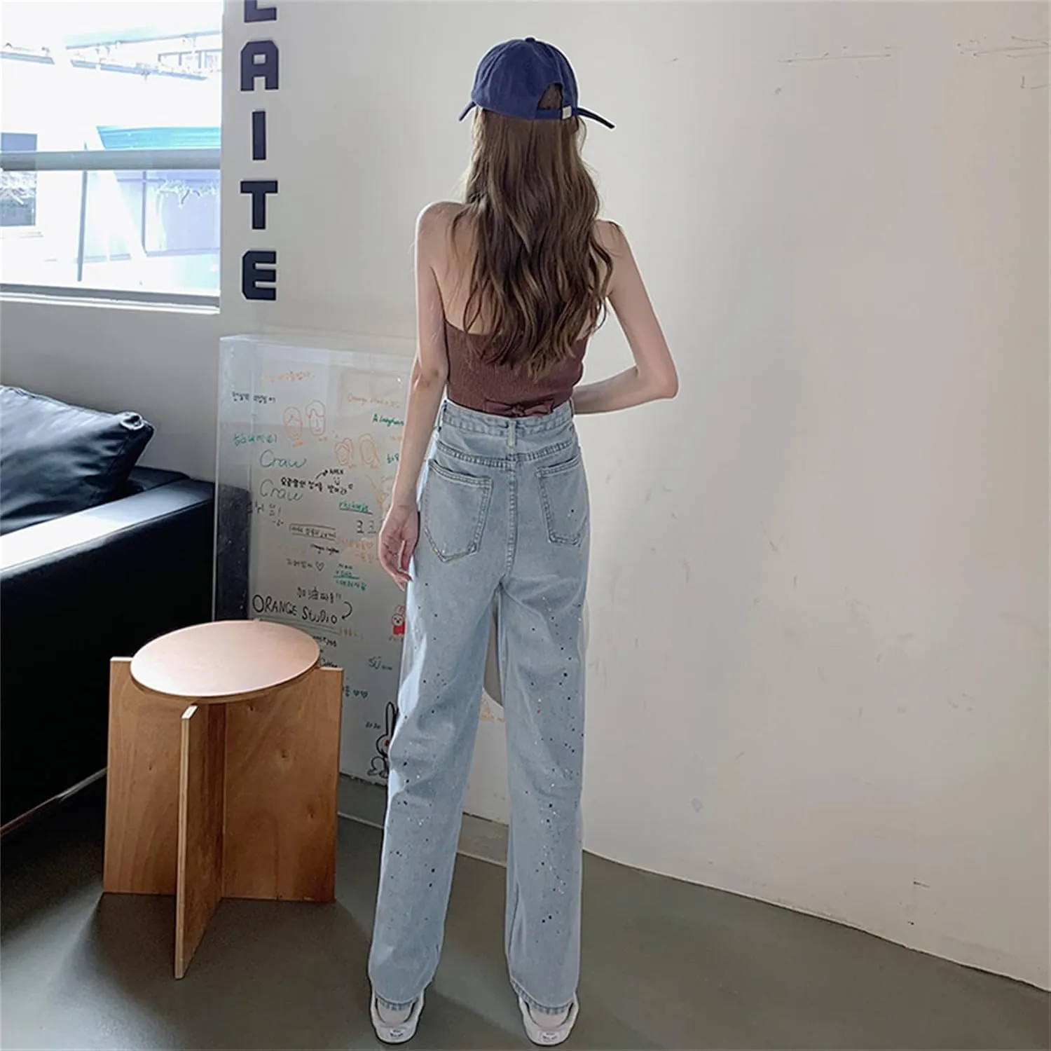 Andongnywell Women High Waisted Wide Straight Leg Baggy Streetwear Boyfriend Jeans for Ladies Trousers