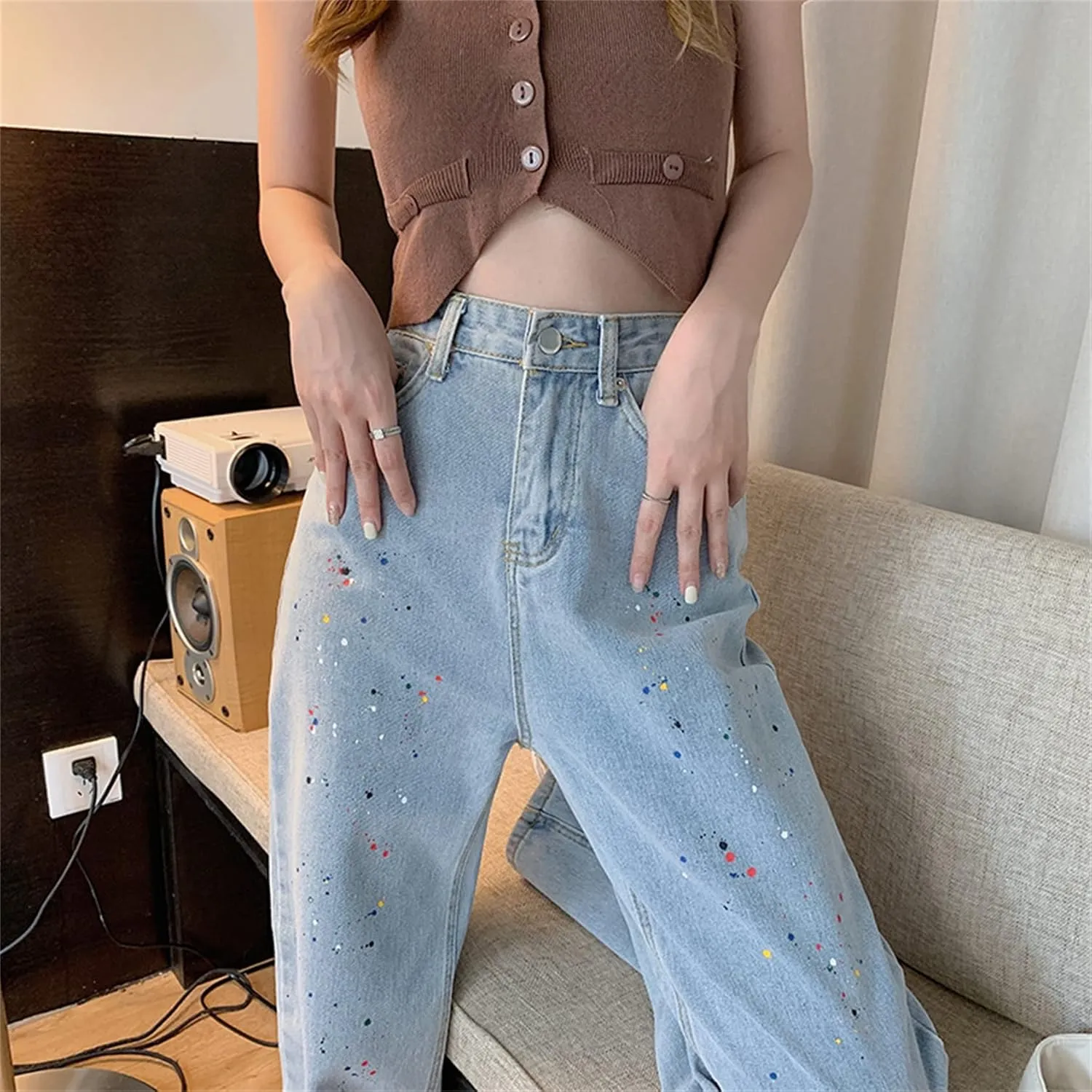 Andongnywell Women High Waisted Wide Straight Leg Baggy Streetwear Boyfriend Jeans for Ladies Trousers