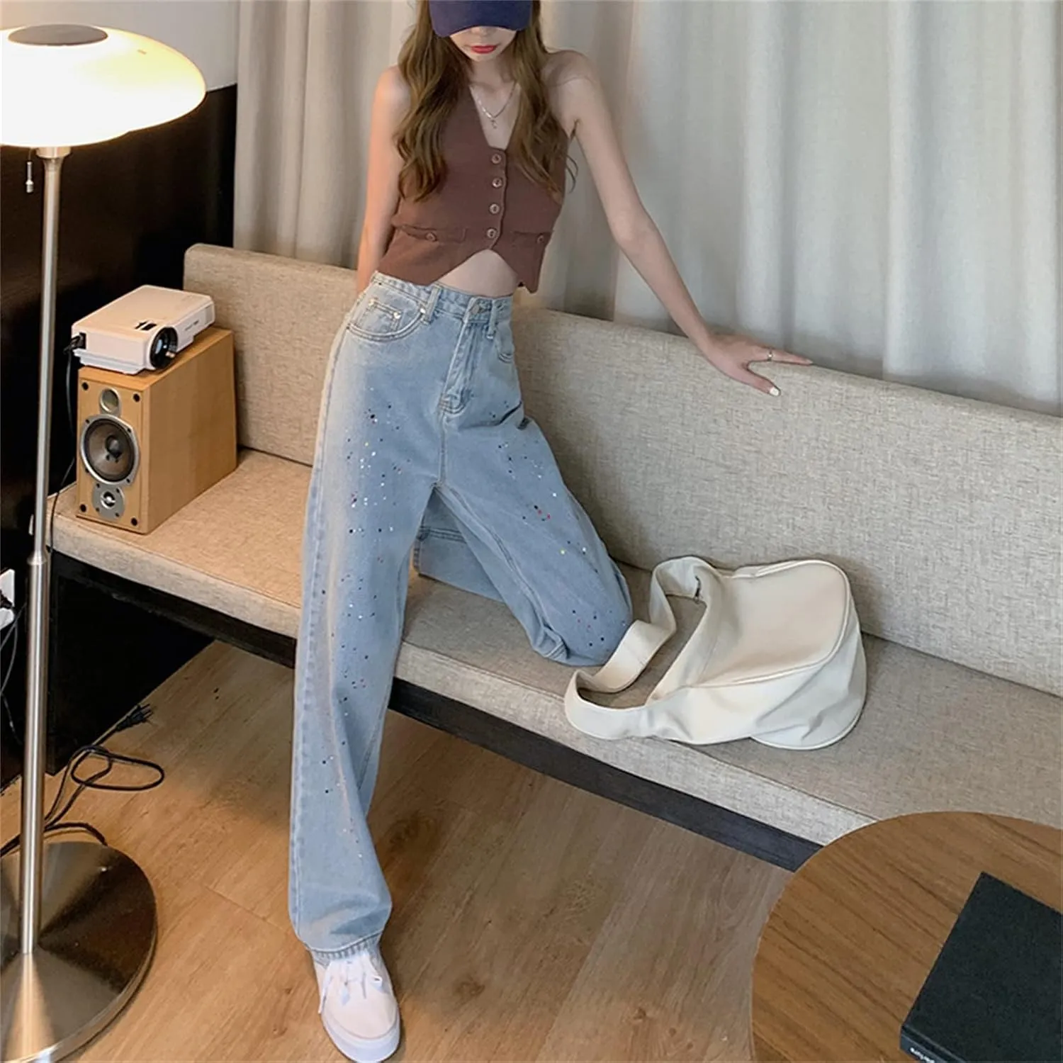 Andongnywell Women High Waisted Wide Straight Leg Baggy Streetwear Boyfriend Jeans for Ladies Trousers