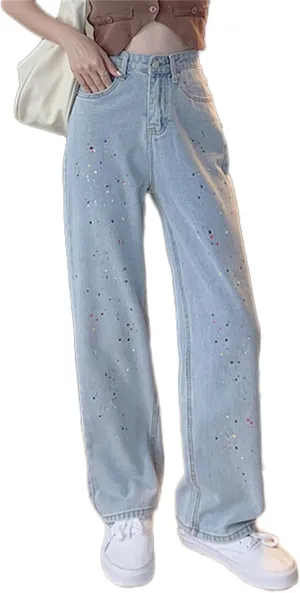Andongnywell Women High Waisted Wide Straight Leg Baggy Streetwear Boyfriend Jeans for Ladies Trousers