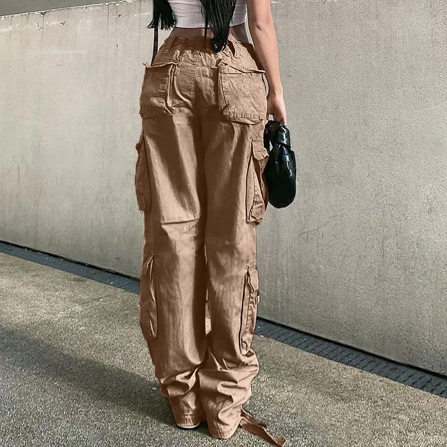 Anjikang Parachute Cargo Pants for Women Y2K Teen Girls Trendy Low Waist Wide Leg Cargos Multi Pockets Travel Hiking Trousers
