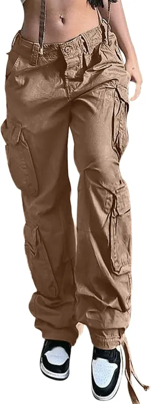 Anjikang Parachute Cargo Pants for Women Y2K Teen Girls Trendy Low Waist Wide Leg Cargos Multi Pockets Travel Hiking Trousers