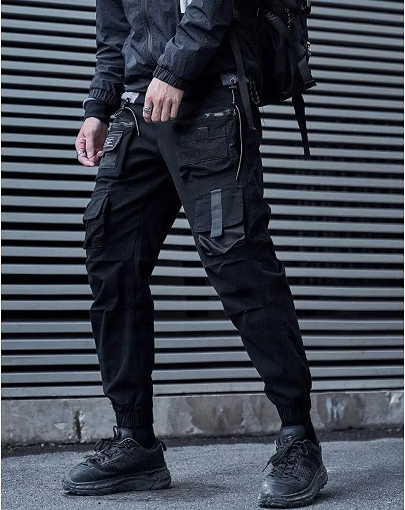 Astellarie Mens Streetwear Hip Hop Punk Loose Fit Elastic Waist Cargo Jogger Pants with Multi Pockets