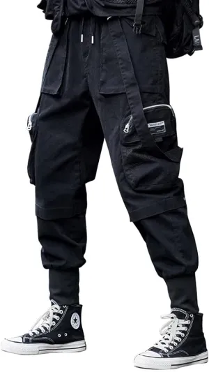 Astellarie Mens Streetwear Hip Hop Punk Loose Fit Elastic Waist Cargo Jogger Pants with Multi Pockets