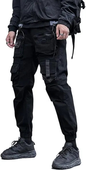 Astellarie Mens Streetwear Hip Hop Punk Loose Fit Elastic Waist Cargo Jogger Pants with Multi Pockets