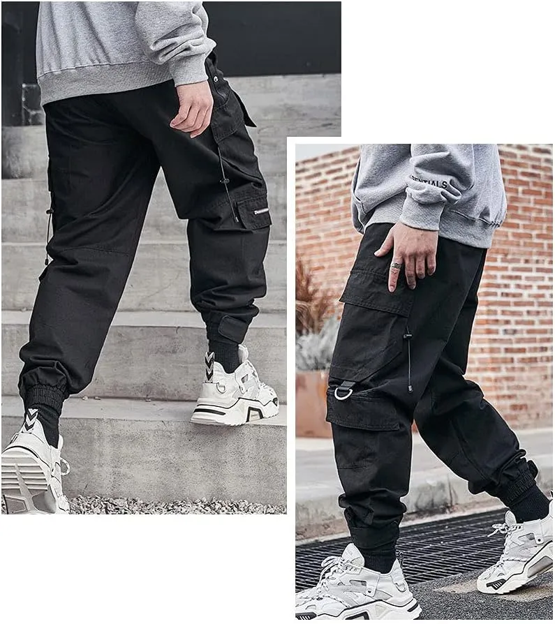 Astellarie Mens Streetwear Hip Hop Punk Loose Fit Elastic Waist Cargo Jogger Pants with Multi Pockets