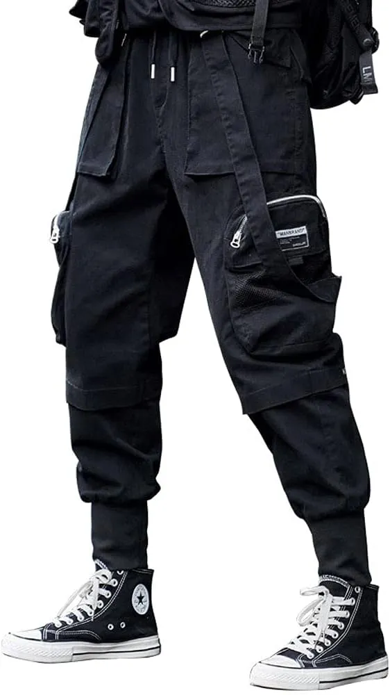 Astellarie Mens Streetwear Hip Hop Punk Loose Fit Elastic Waist Cargo Jogger Pants with Multi Pockets